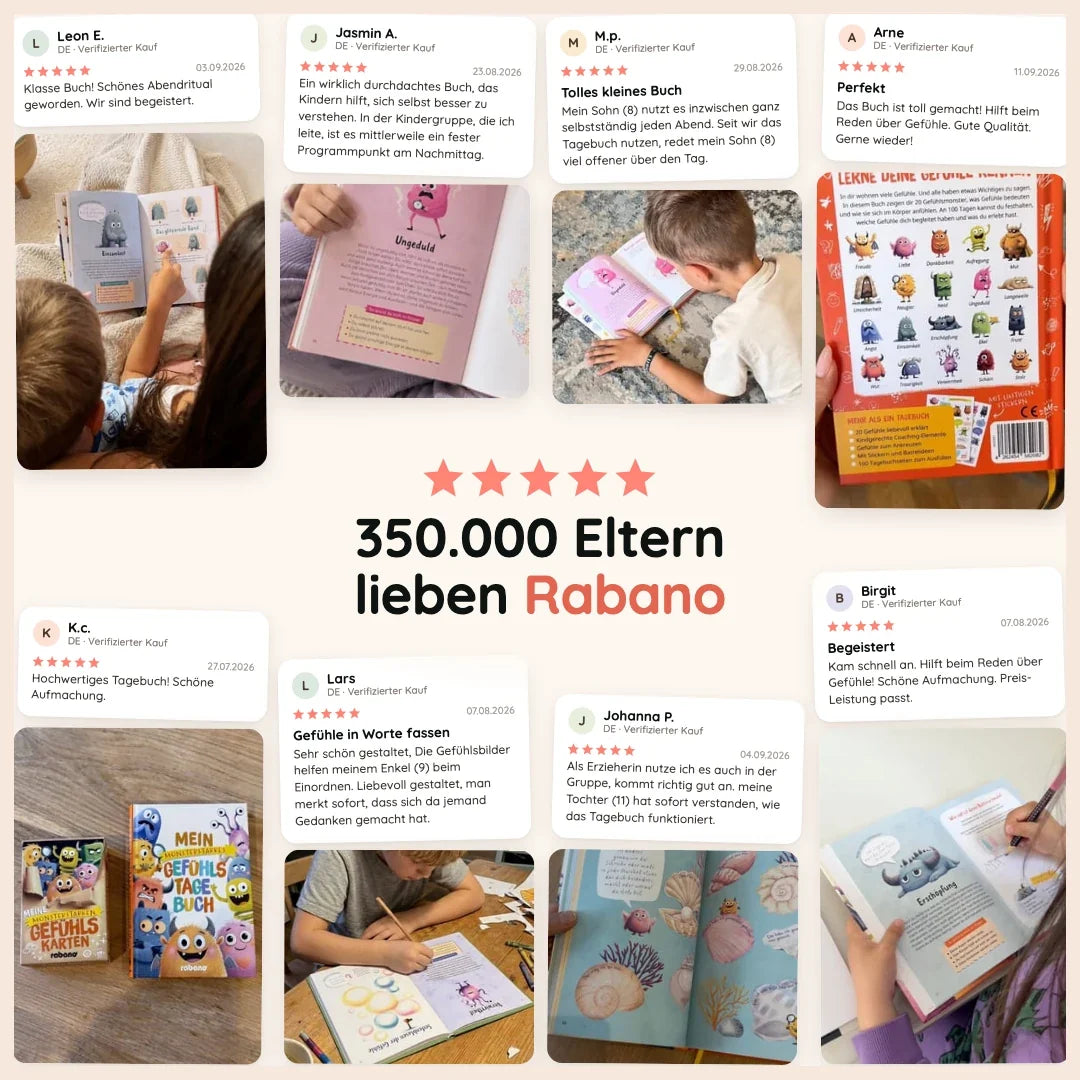 Bewertungen von Eltern zum Rabano Gefühlstagebuch und den Gefühlskarten