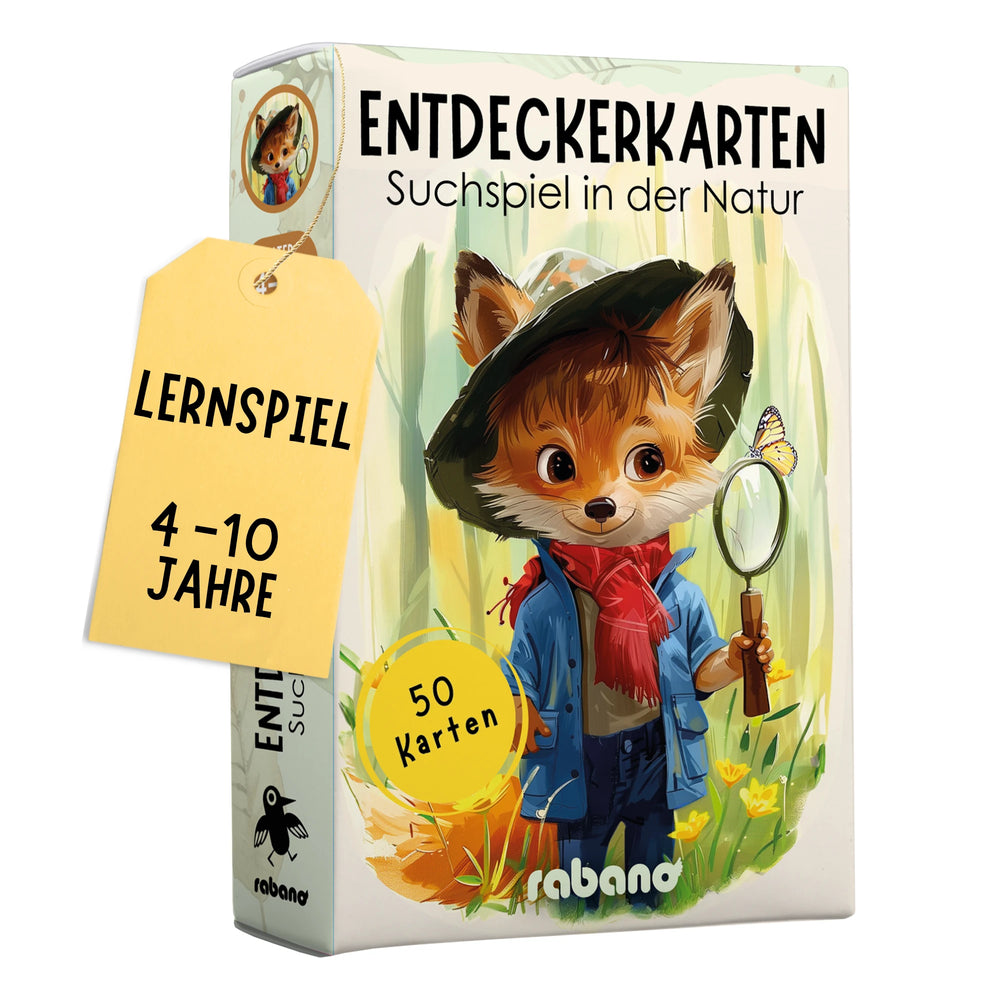 Rabano Entdeckerkarten Suchspiel in der Natur – Verpackung mit Fuchs und Lupe, 50 Karten, Lernspiel 4–10 Jahre
