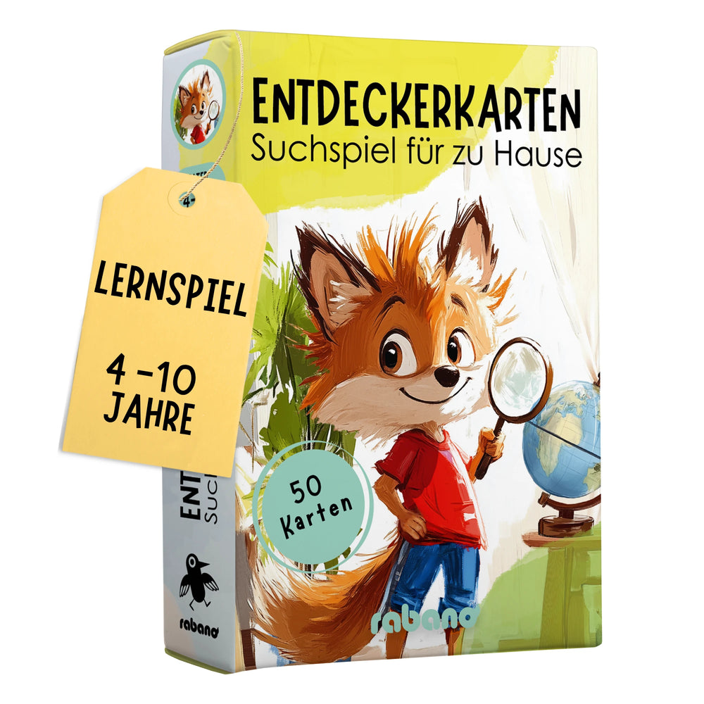 Rabano Entdeckerkarten Suchspiel für zu Hause – Verpackung mit Fuchs und Globus, 50 Karten, Lernspiel 4–10 Jahre
