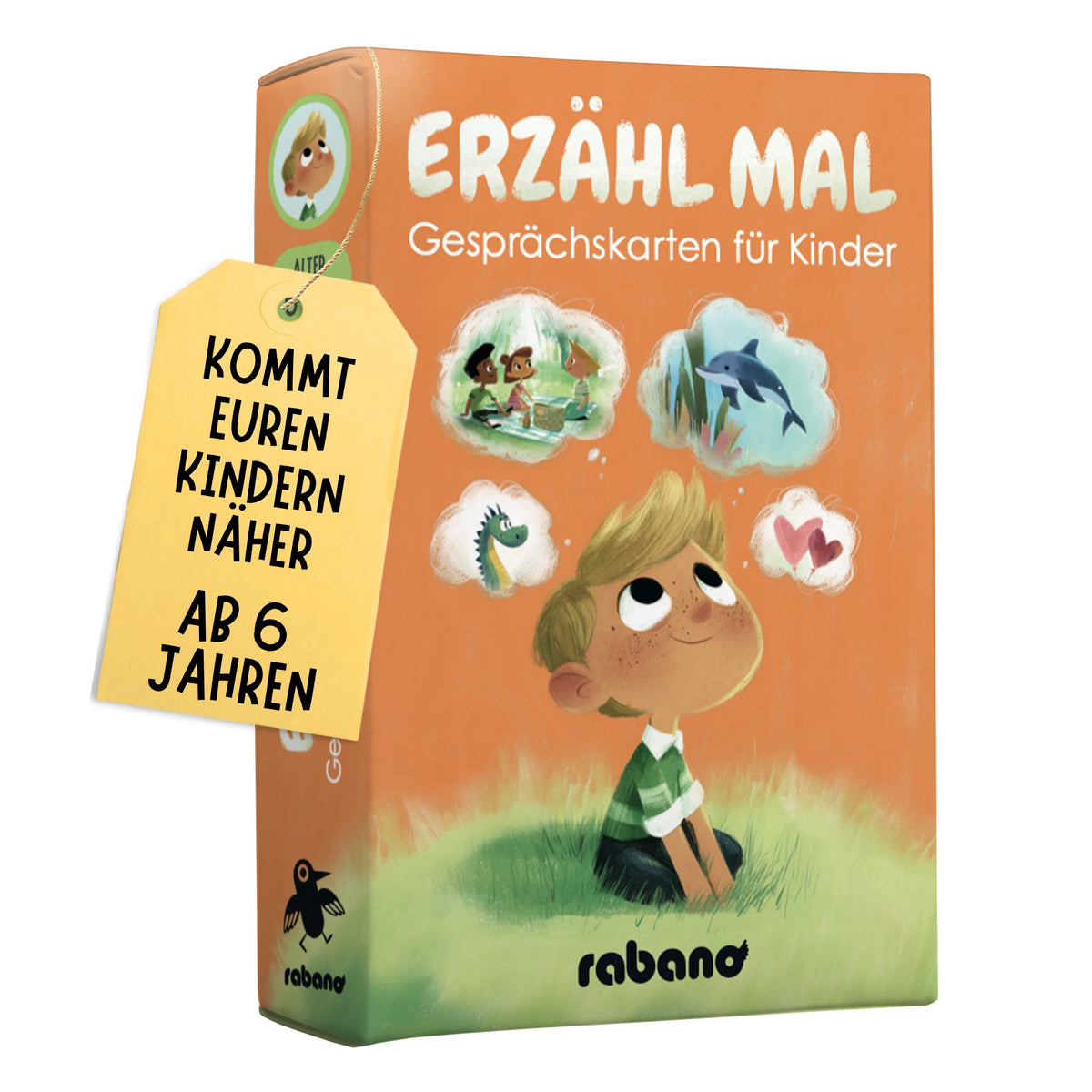 Rabano Erzähl mal Gesprächskarten für Kinder – Verpackung mit Junge und Gedankenblasen, ab 6 Jahren