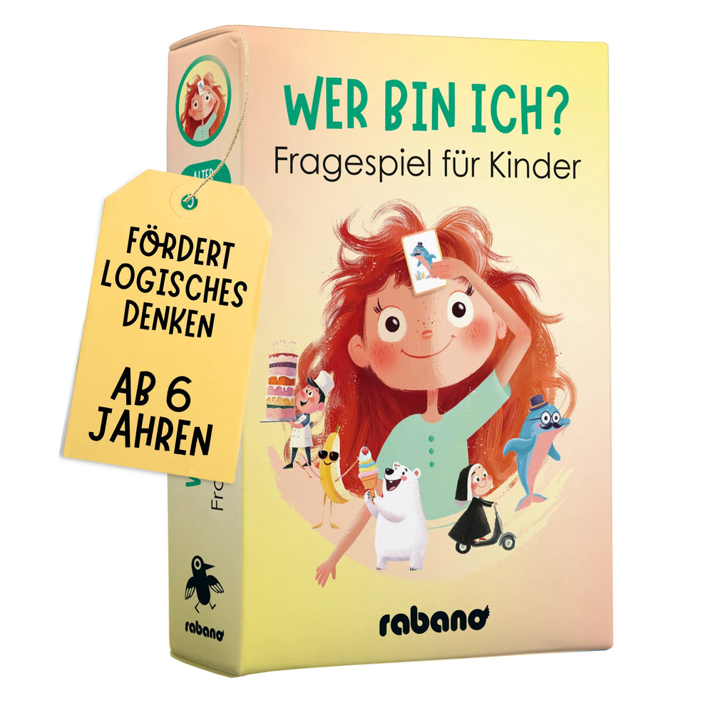 Rabano Wer bin ich? Fragespiel für Kinder – Verpackung mit Mädchen und Ratekarte, fördert logisches Denken, ab 6 Jahren